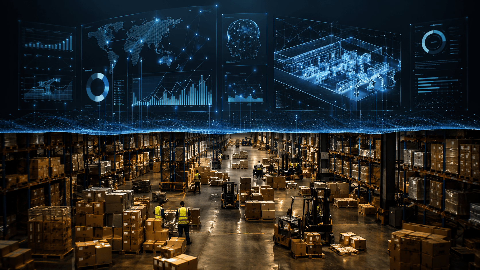 AI dashboards floating above a warehouse floor, showing the gap between digital promise and operational reality