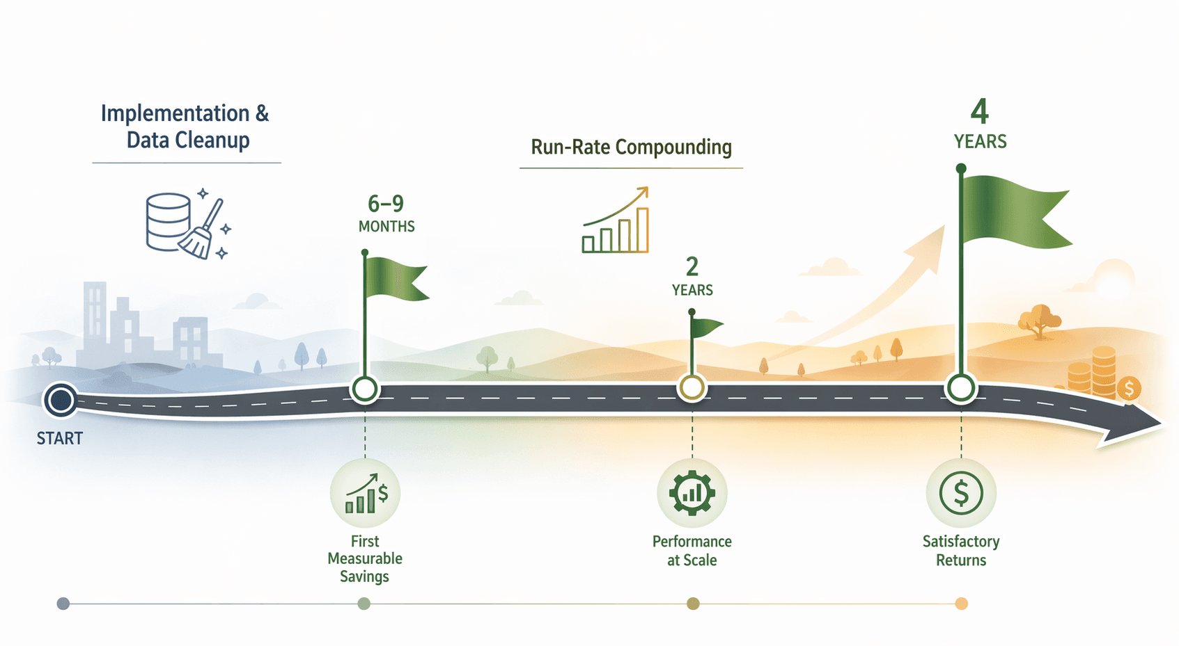 Timeline showing first measurable savings at 6-9 months and satisfactory returns at 2-4 years
