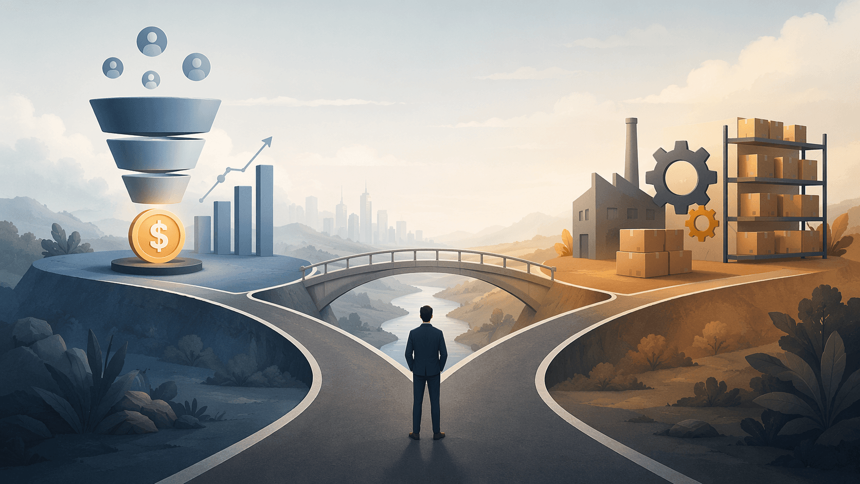 A fork in the road separating sales pipeline forecasting from operational supply chain planning, with a bridge between them