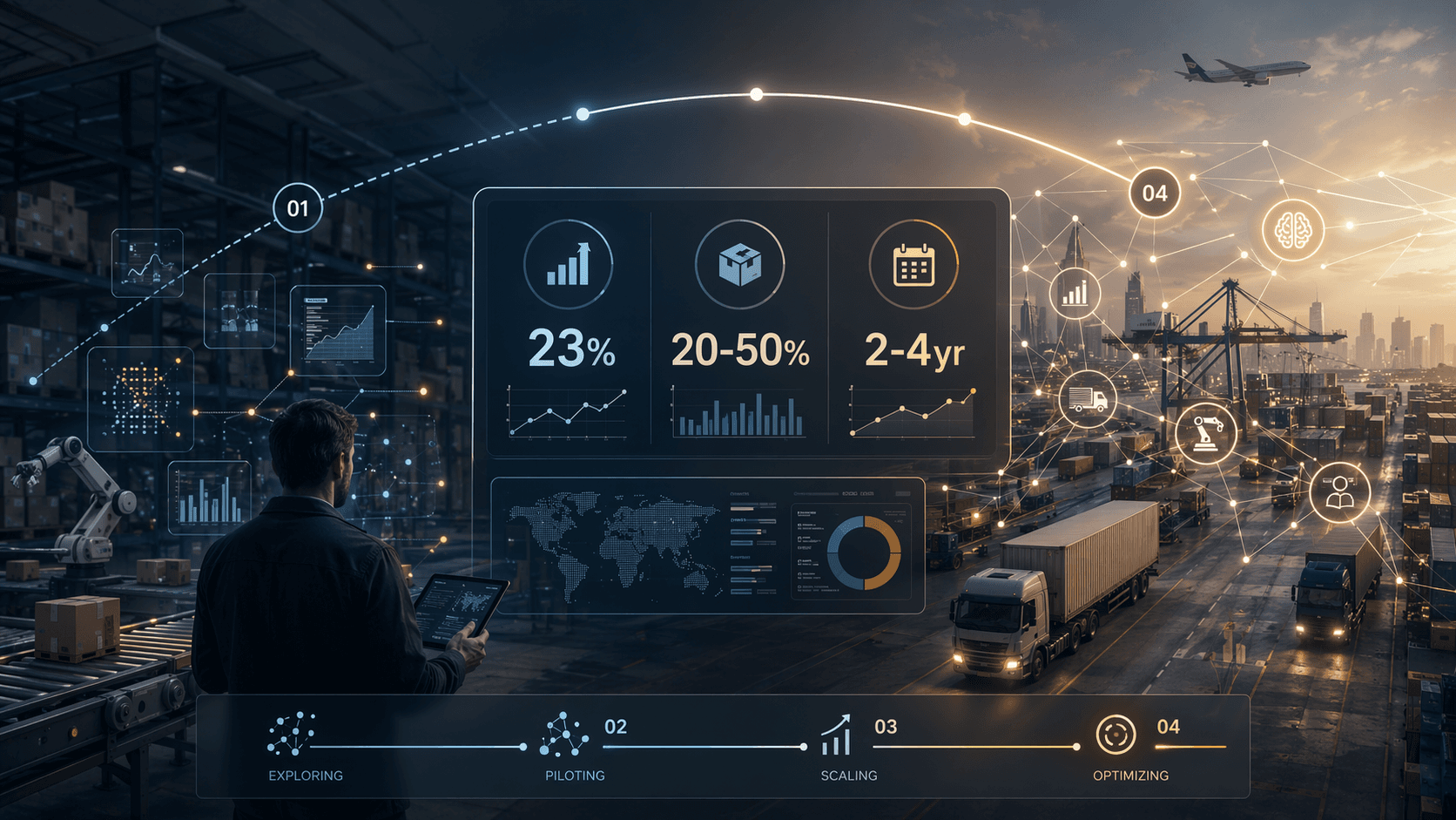 Modern warehouse and logistics environment with data streams moving from scattered points to a connected AI ecosystem