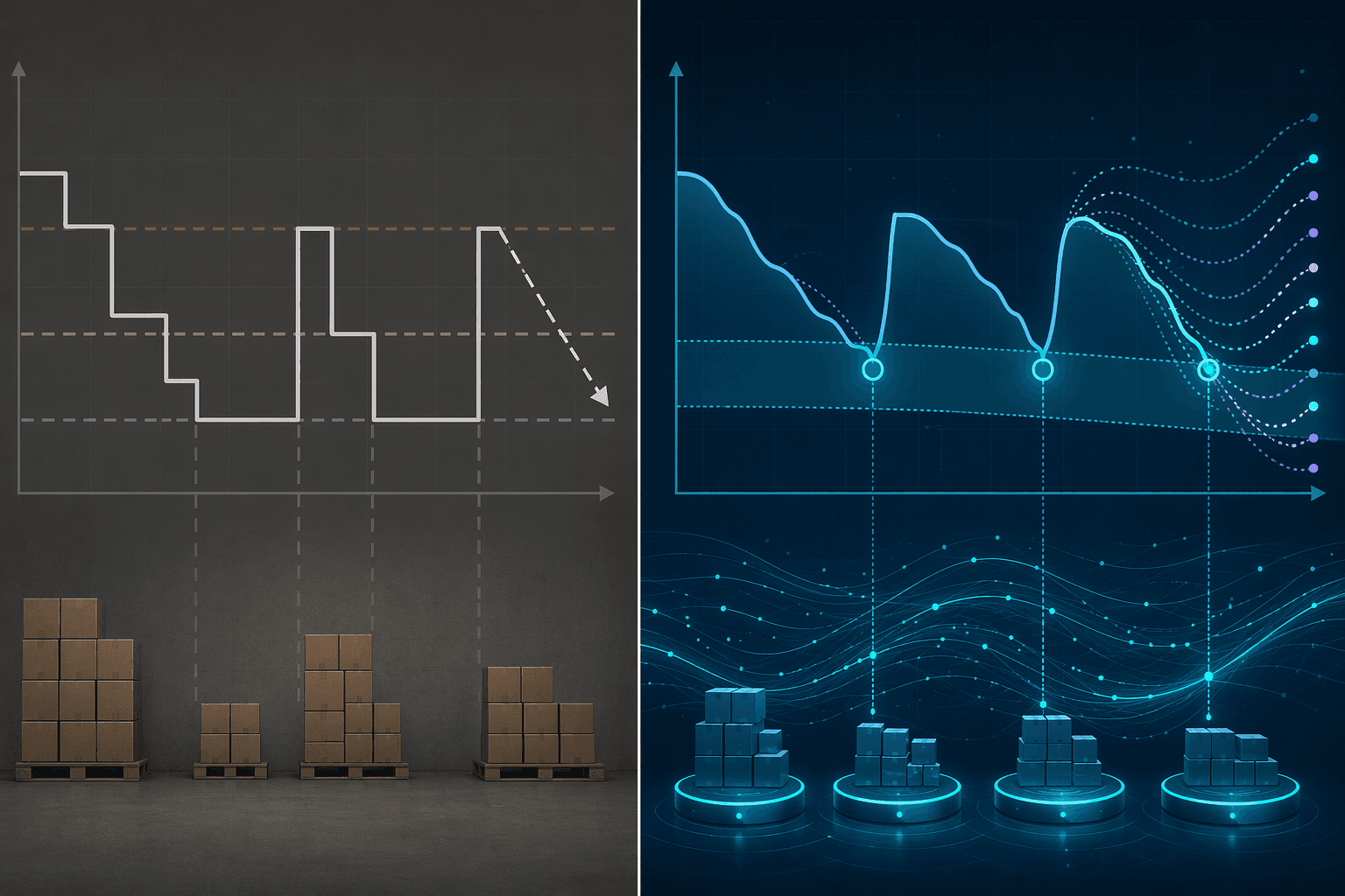 Static safety-stock levels contrasted with dynamic probabilistic demand paths and adaptive reorder points