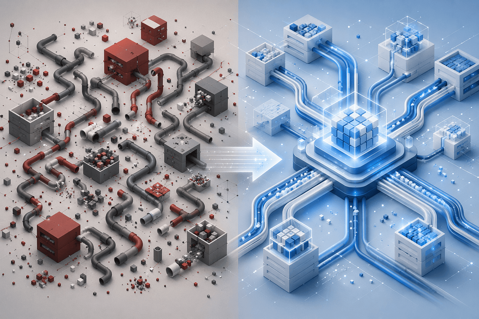 A split view showing fragmented supply chain data on one side and unified data pipelines flowing into a central harmonized hub on the other.