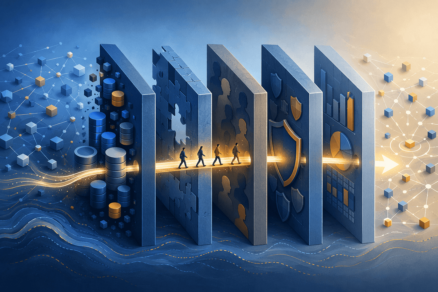 Editorial illustration of five interconnected barrier blocks blocking a supply chain network path, with a small route representing the 4% of leaders navigating through all five barriers.