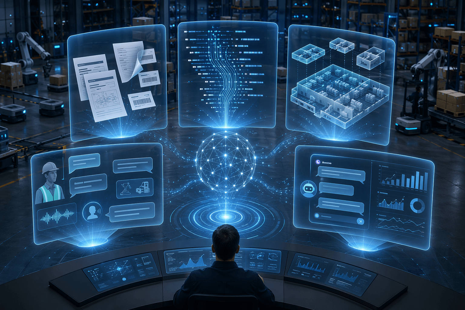 Warehouse operations center with holographic panels for generative AI documentation, code generation, layout design, operator guidance, and conversational warehouse data access