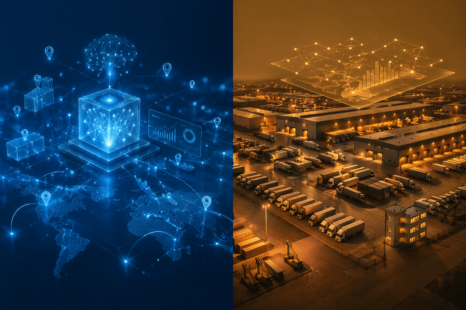 Side-by-side comparison of AI-native variable-cost logistics and traditional asset-heavy logistics with optimization layer