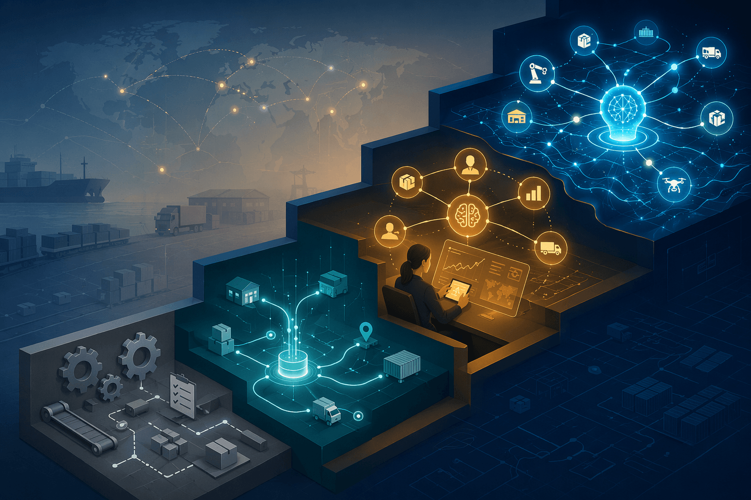 Four-stage ascending staircase from rigid systems to autonomous multi-agent supply chain orchestration
