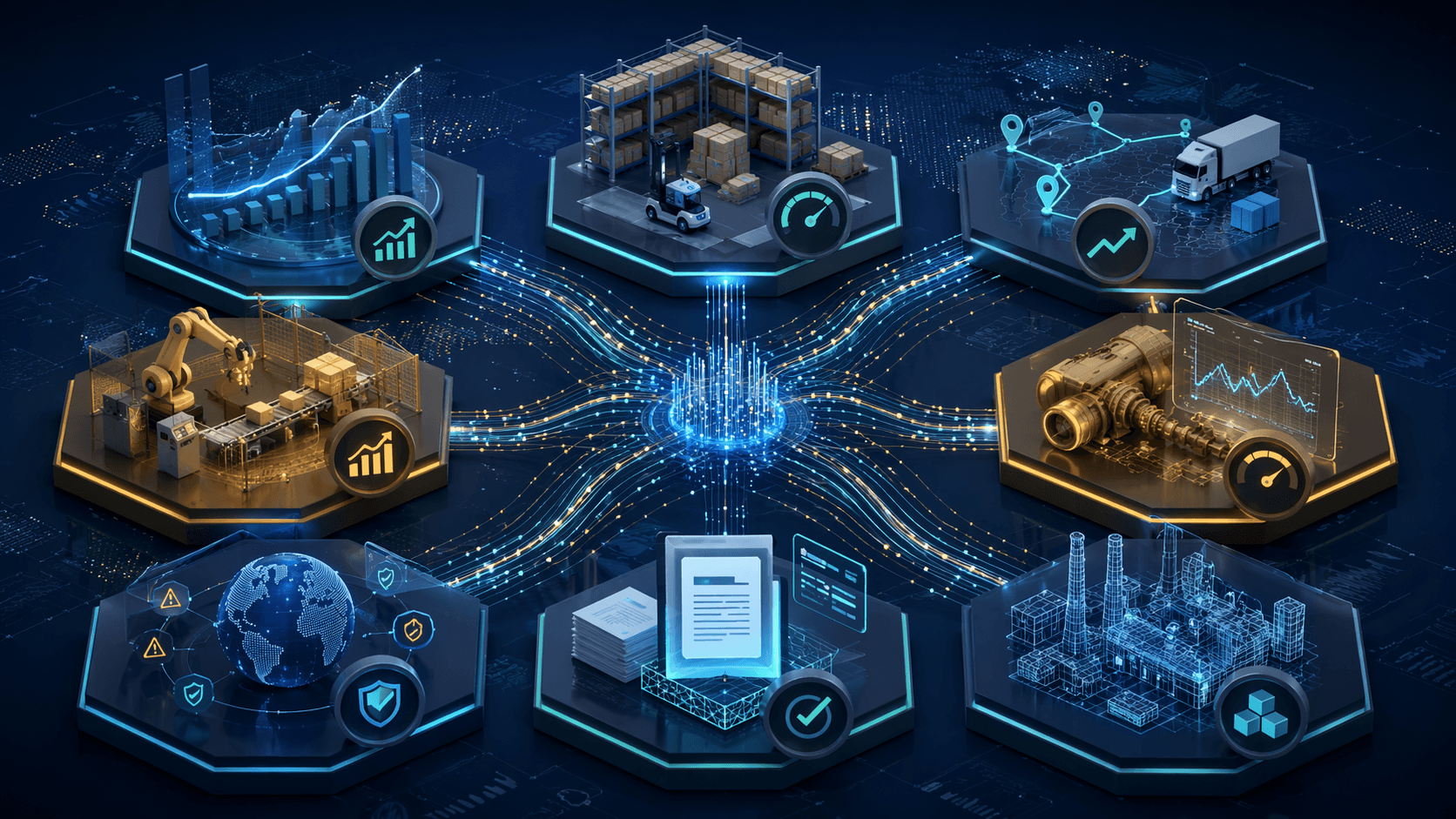Eight interconnected supply chain AI functions with abstract ROI indicators