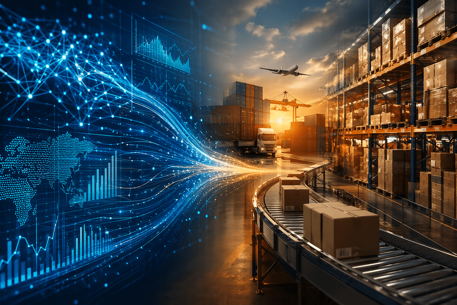 AI forecasting data streams converging into warehouse and inventory operations
