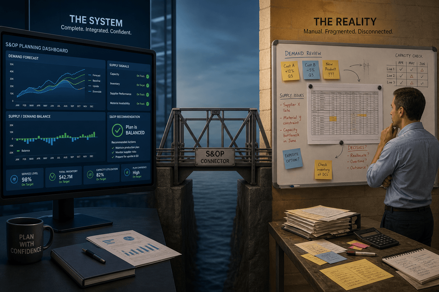 Split-composition illustration showing an AI planning dashboard on the left and a manufacturing practitioner working manually on a whiteboard on the right, connected by a bridge that no one crosses.