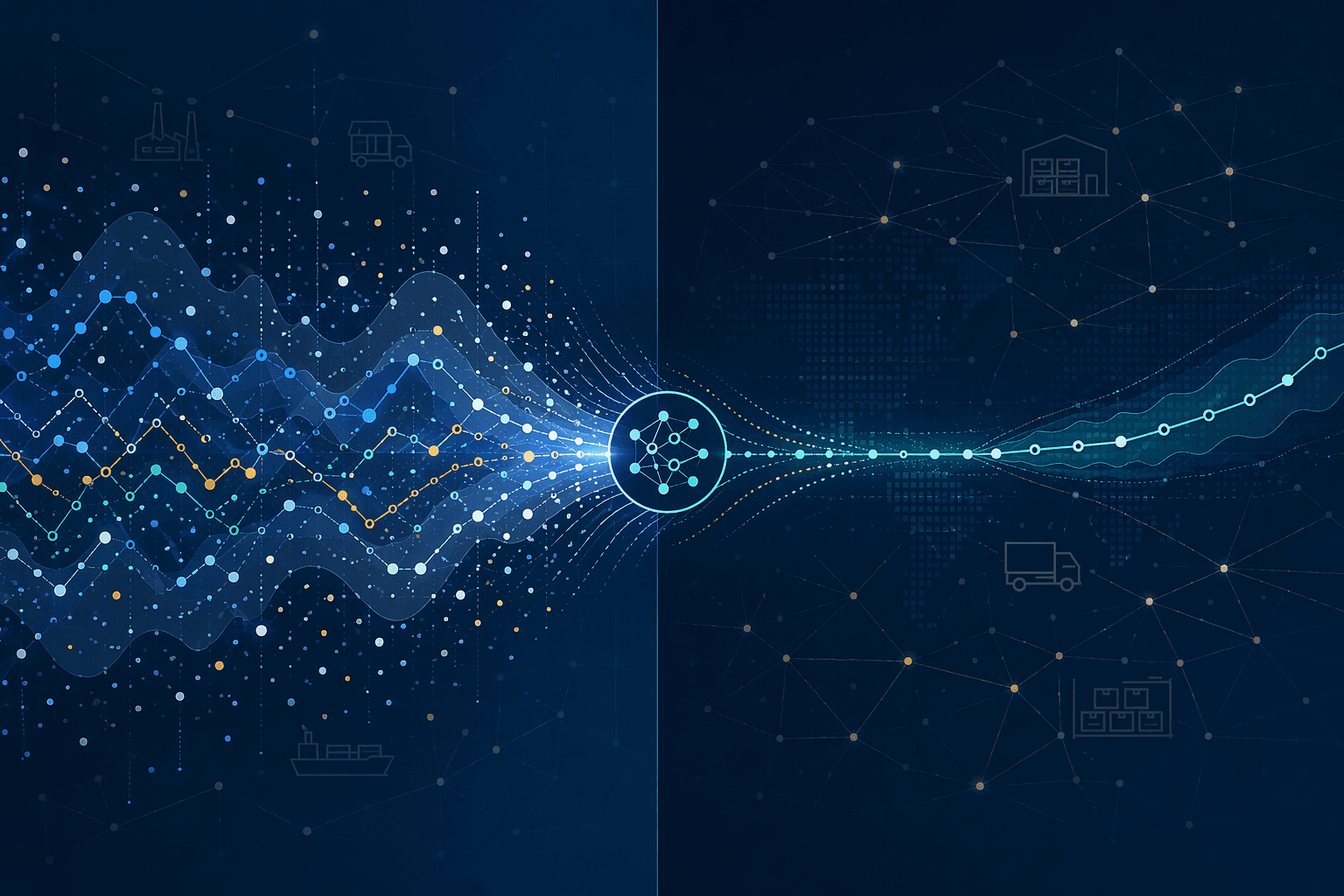 Connected demand data points narrowing from wide error bands into a tighter forecast trajectory