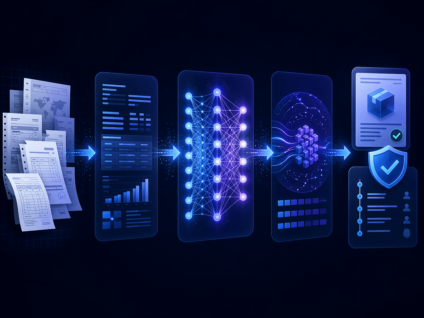 AI workflow showing trade documents transformed through a neural network into a verified classification output with a shield icon.