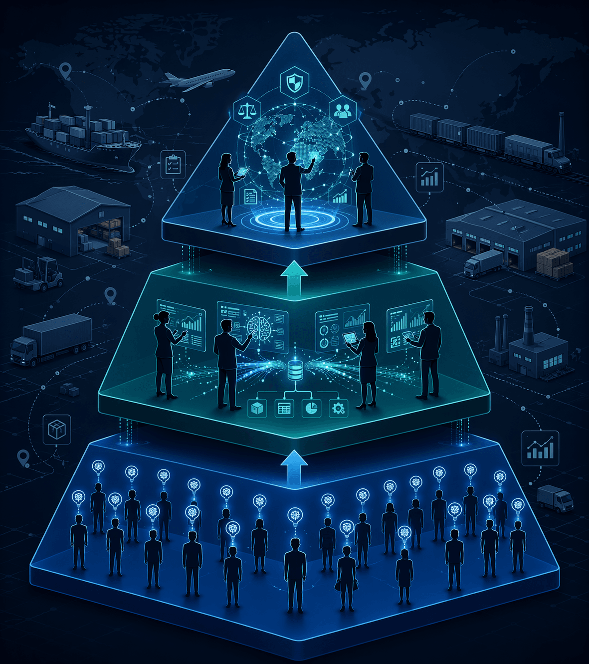 Layered three-tier AI workforce framework for supply chain teams