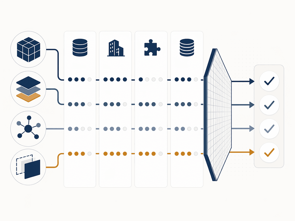 Decision framework evaluating architecture against data maturity, vertical fit, integration complexity, and total cost