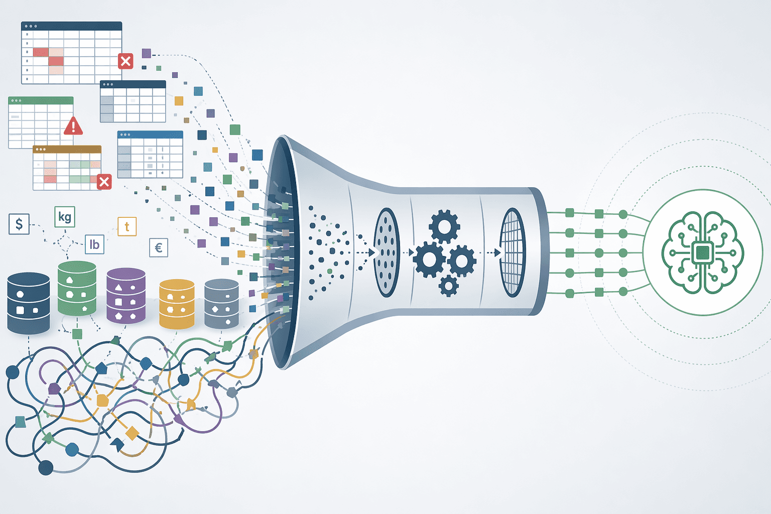 Fragmented supply chain data being standardized before flowing into an AI system