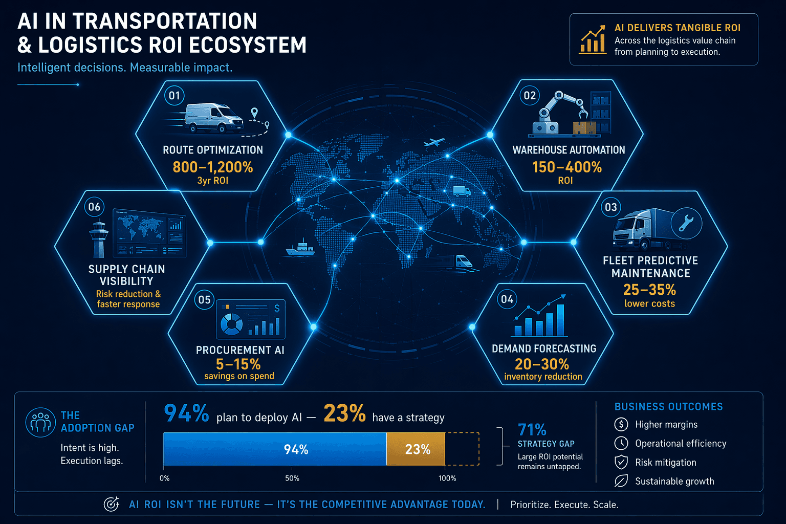 A deep navy data visualization showing a global logistics network map with six functional nodes arranged in a hexagon: Route Optimization (800-1,200% 3yr ROI), Warehouse Automation (150-400% ROI), Fleet Predictive Maintenance (25-35% lower costs), Demand Forecasting (20-30% inventory reduction), Procurement AI, and Supply Chain Visibility — all connected by glowing cyan data lines. A bottom bar chart visualizes the adoption gap: 94% plan to deploy AI versus 23% with a strategy, highlighted in amber-gold.