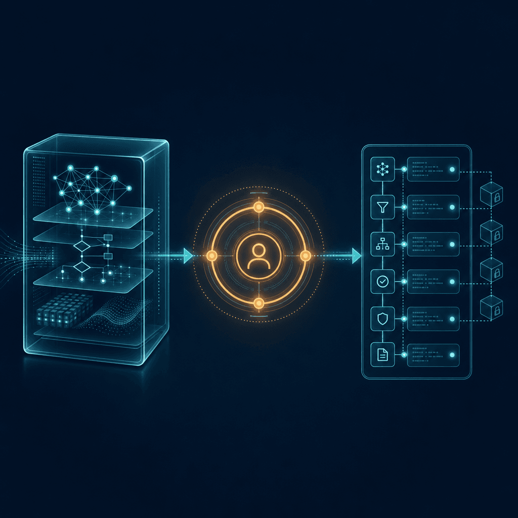 Abstract editorial diagram of a governance decision-flow for agentic AI: a left-to-right pathway showing a glass-box icon representing visible AI decision logic, a central human-in-the-loop checkpoint, and a right-side audit trail visualization.