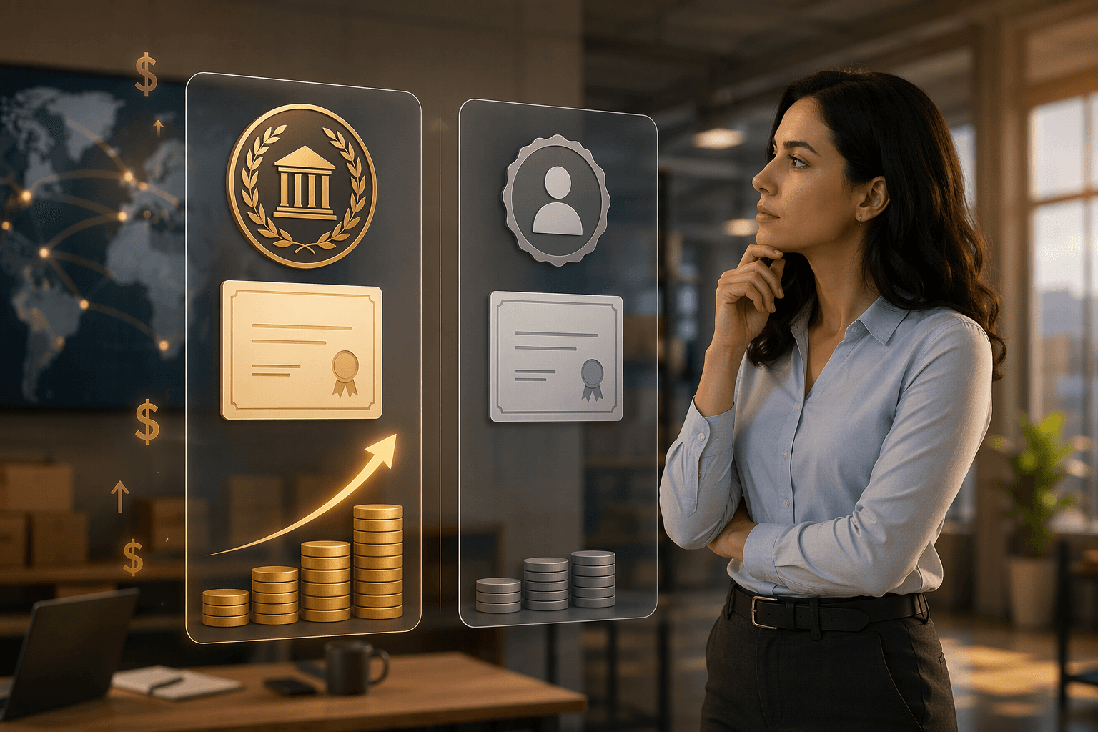 Supply chain professional comparing institutional AI credentials with simpler platform badges
