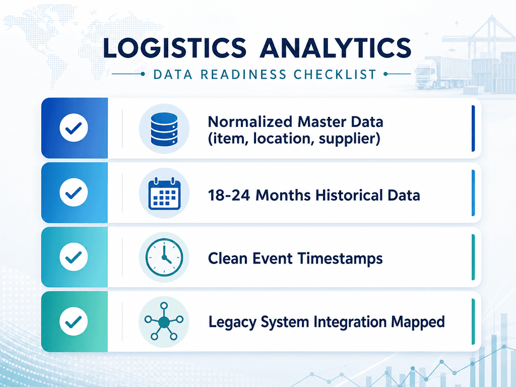 Vertical checklist infographic showing four data readiness requirements: normalized master data, 18-24 months historical data, clean event timestamps, and legacy system integration mapping.