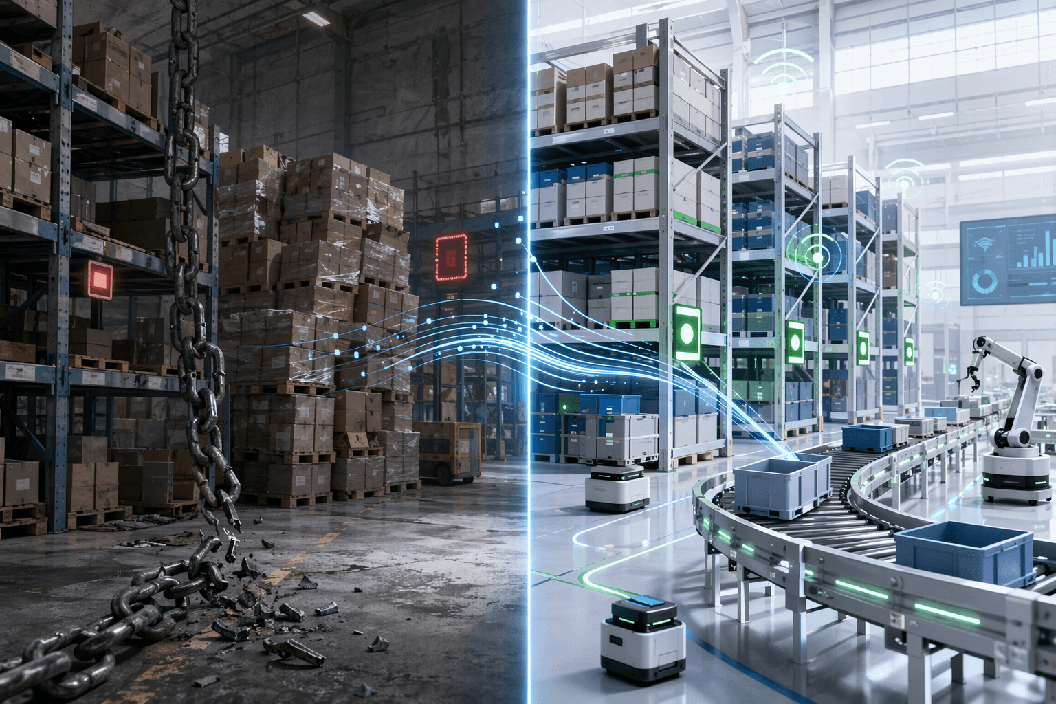 Split editorial composition contrasting traditional rigid replenishment with AI-driven dynamic replenishment, connected by flowing data signals