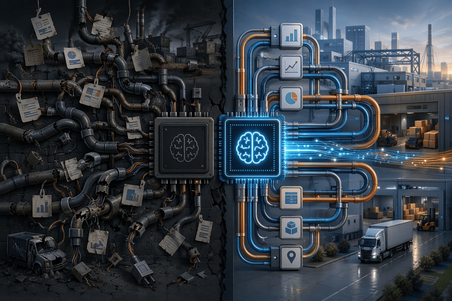 Contrasting supply chain AI data pipelines, one tangled and one clean.