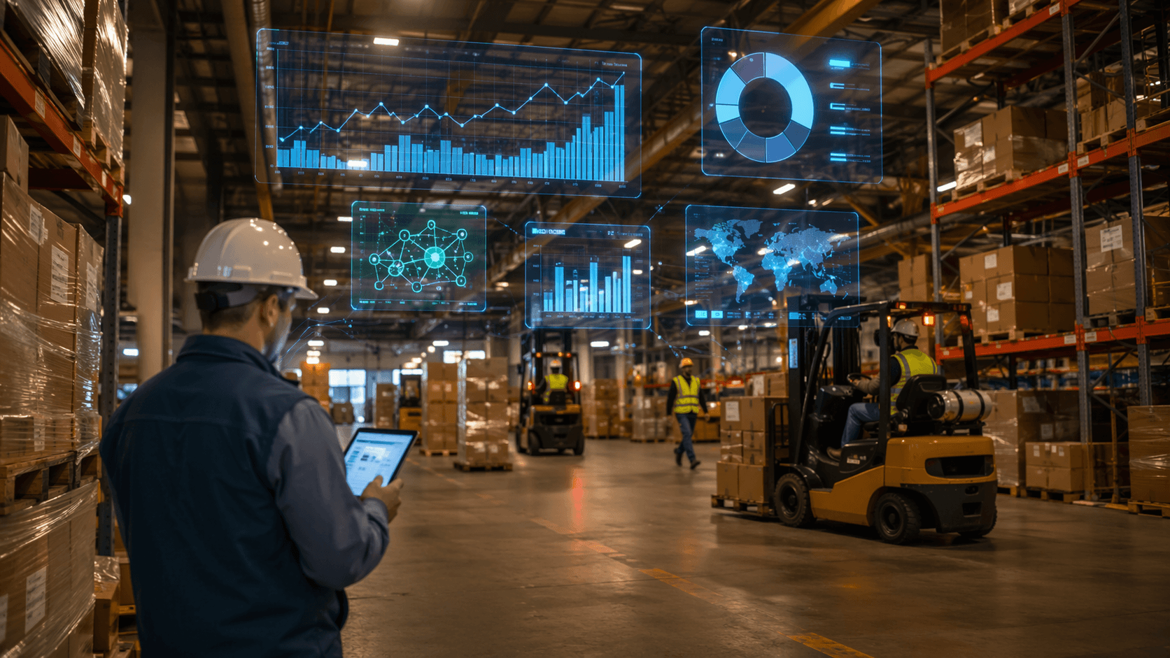 Distribution center interior with AI forecast overlays and analytics visuals