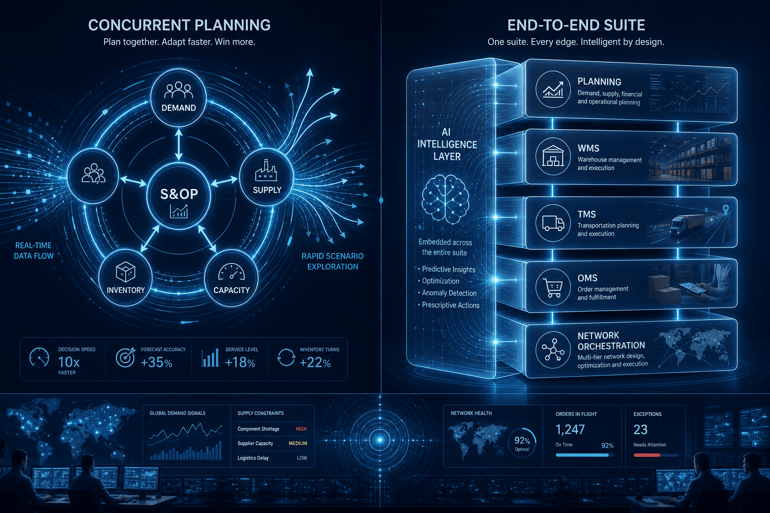 Split-panel diagram contrasting concurrent planning architecture on the left with a layered end-to-end supply chain stack on the right, showing the architectural difference between the two platforms.