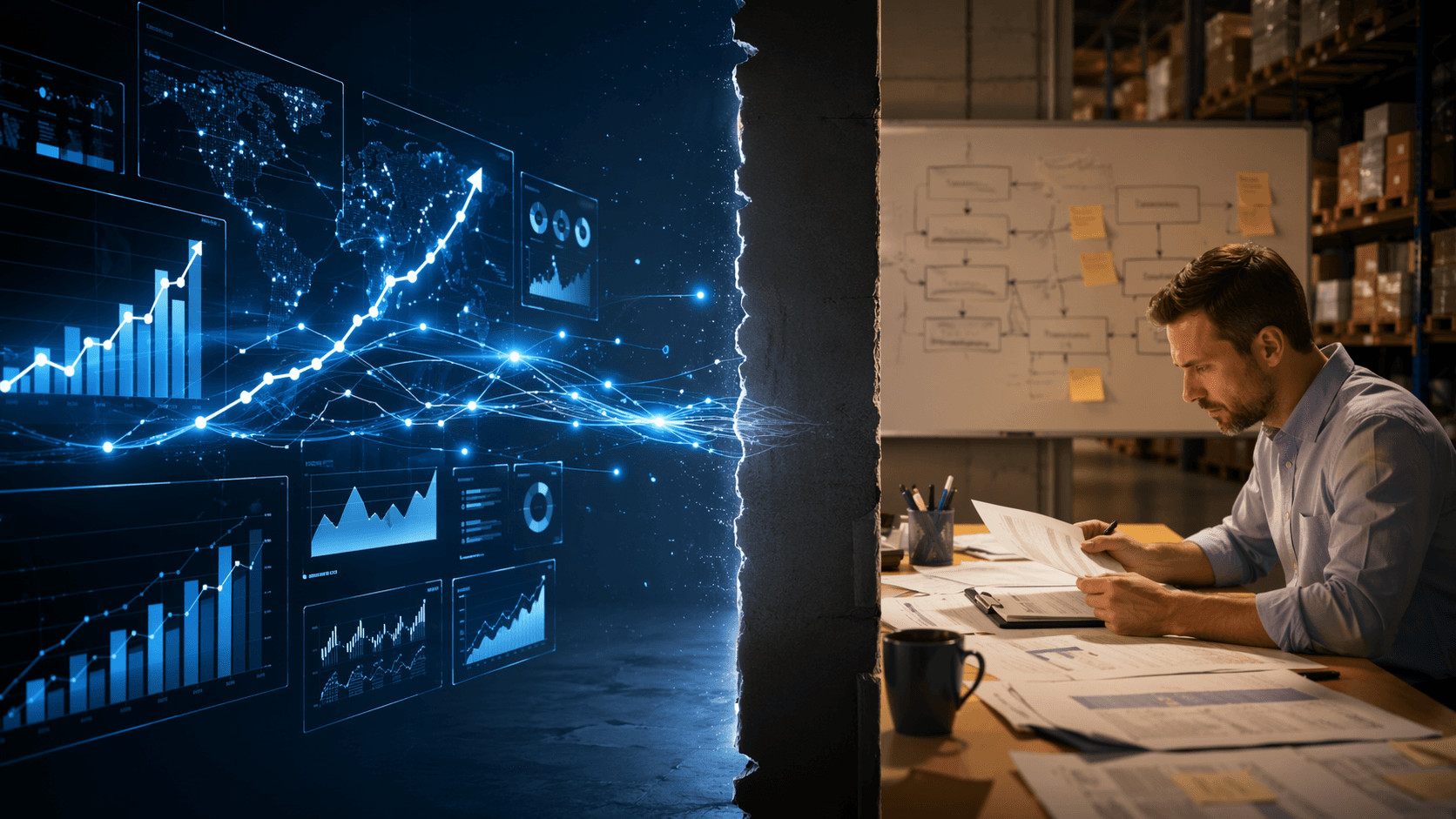 Futuristic digital dashboard beside a realistic supply chain planning room