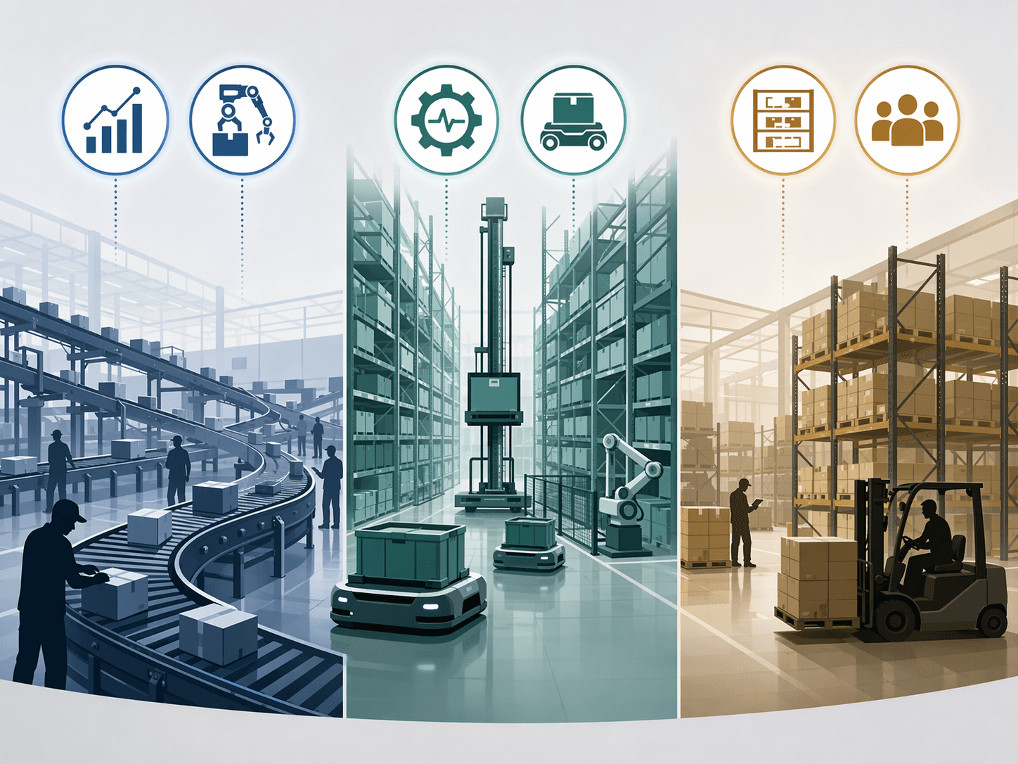 Three warehouse profiles showing a high-throughput e-commerce distribution center, an automated storage facility, and a traditional forklift warehouse with relevant AI use case icons