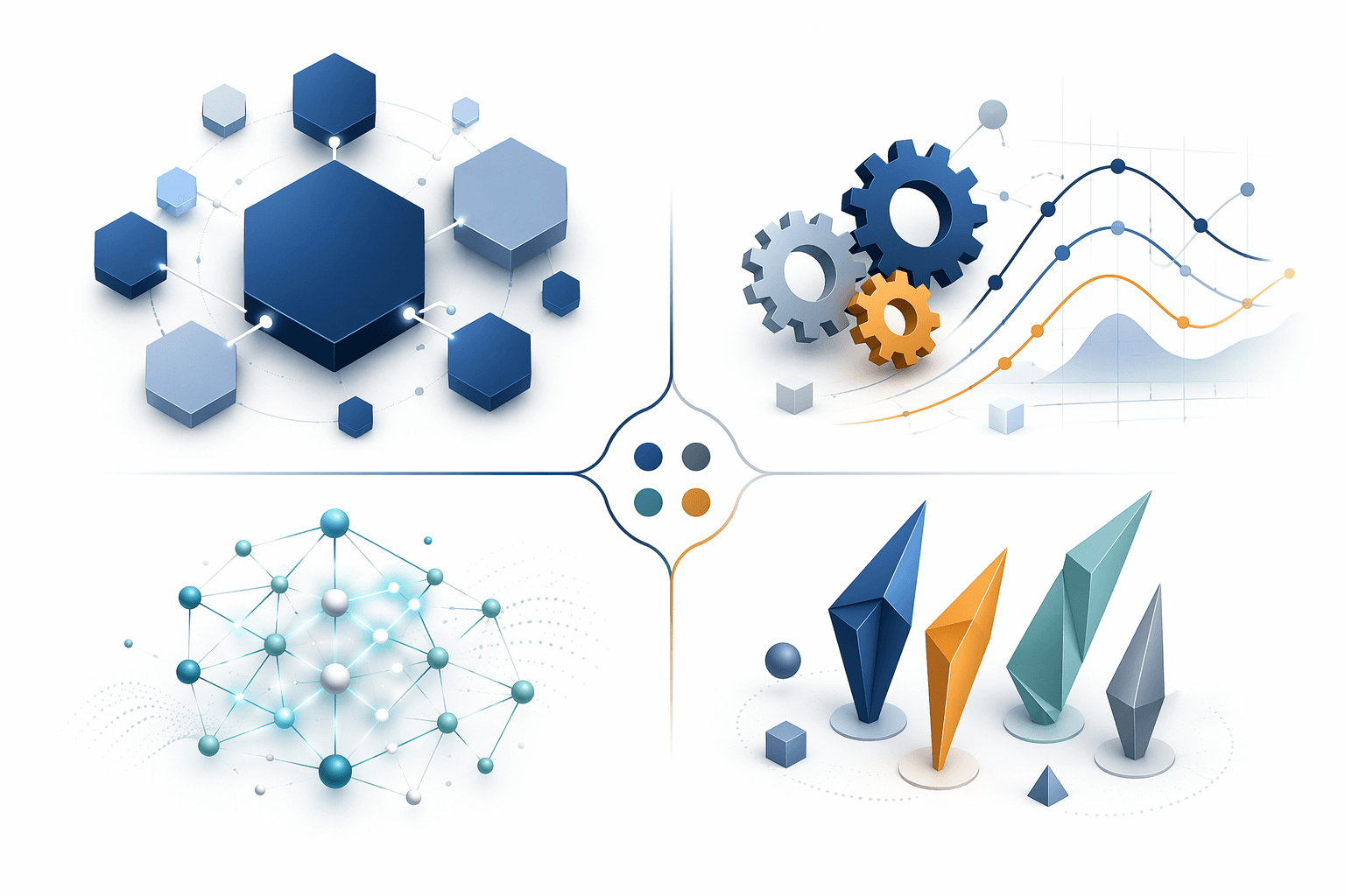 Four abstract geometric clusters representing ERP suites, planning specialists, AI-native platforms, and functional specialists