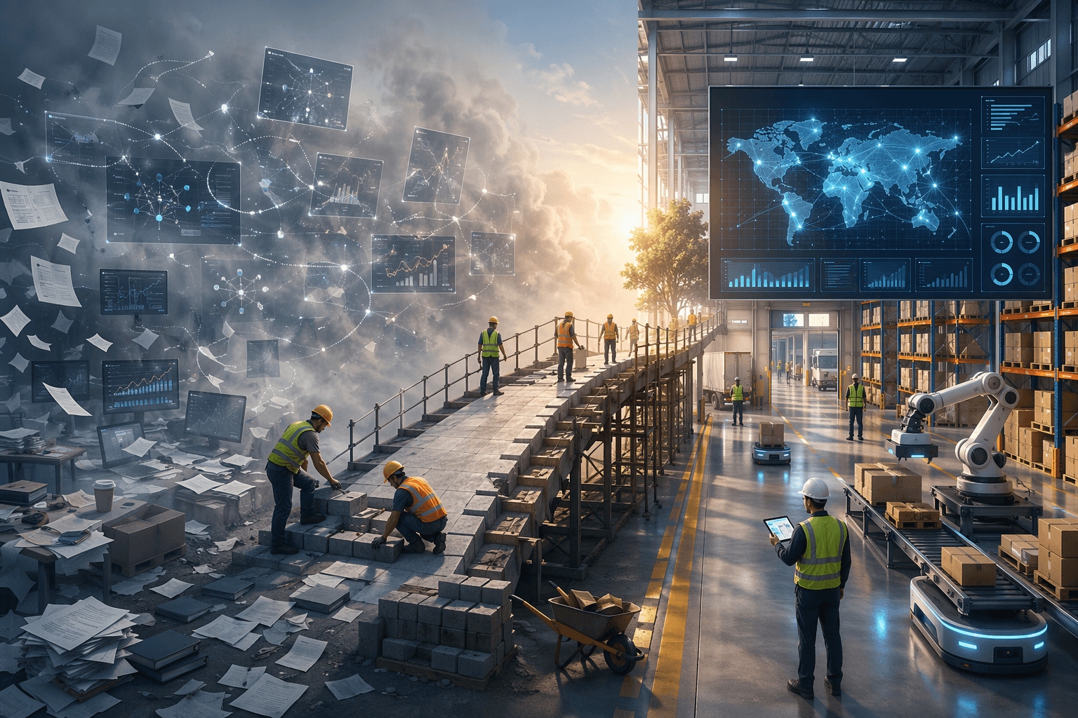 Disconnected logistics AI intent contrasted with a connected, planned supply chain operation