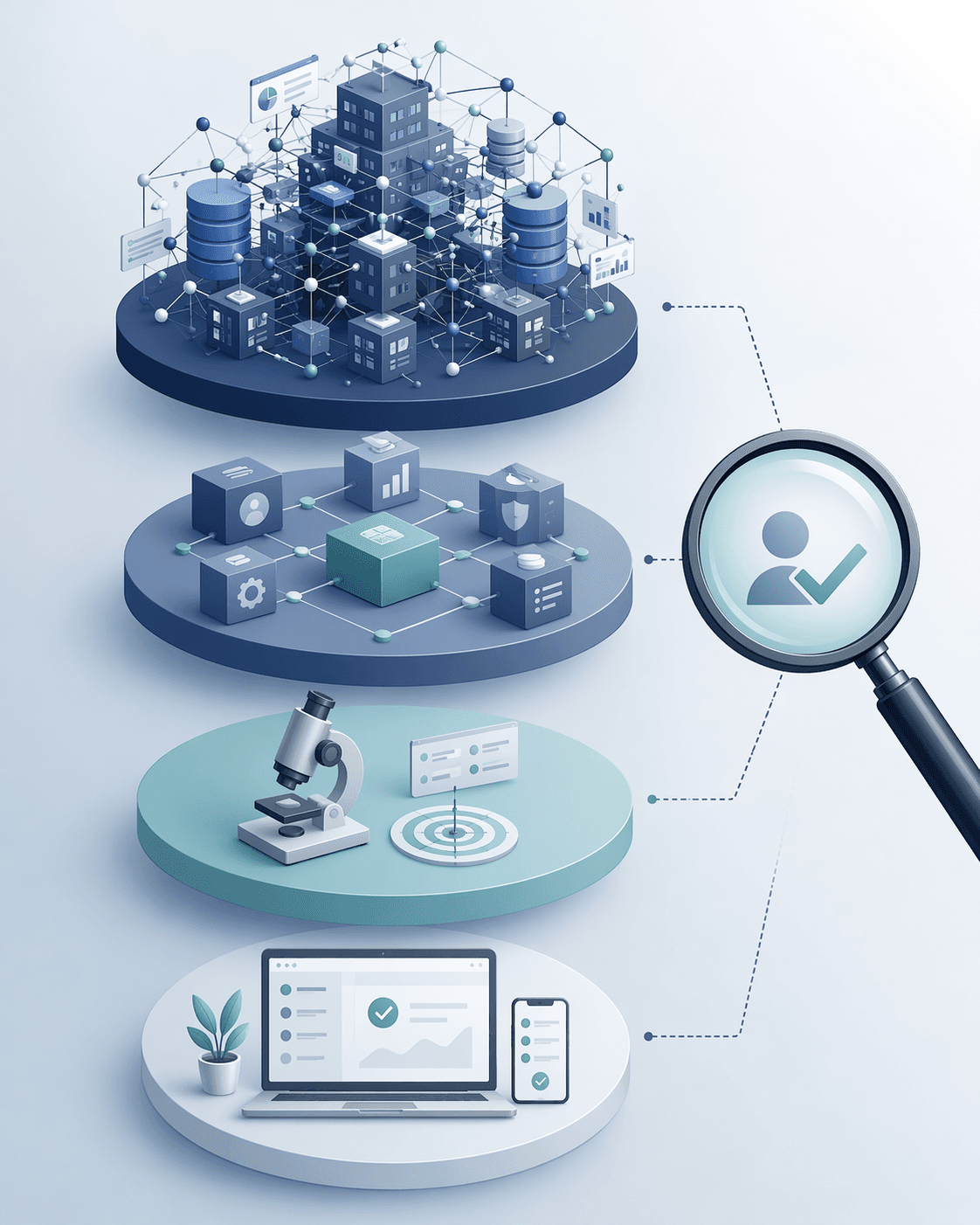 Editorial illustration showing four distinct platform tiers arranged vertically from simple to complex: a large interconnected enterprise suite, a modular mid-market platform, a focused specialist tool, and a clean SMB/lightweight interface.