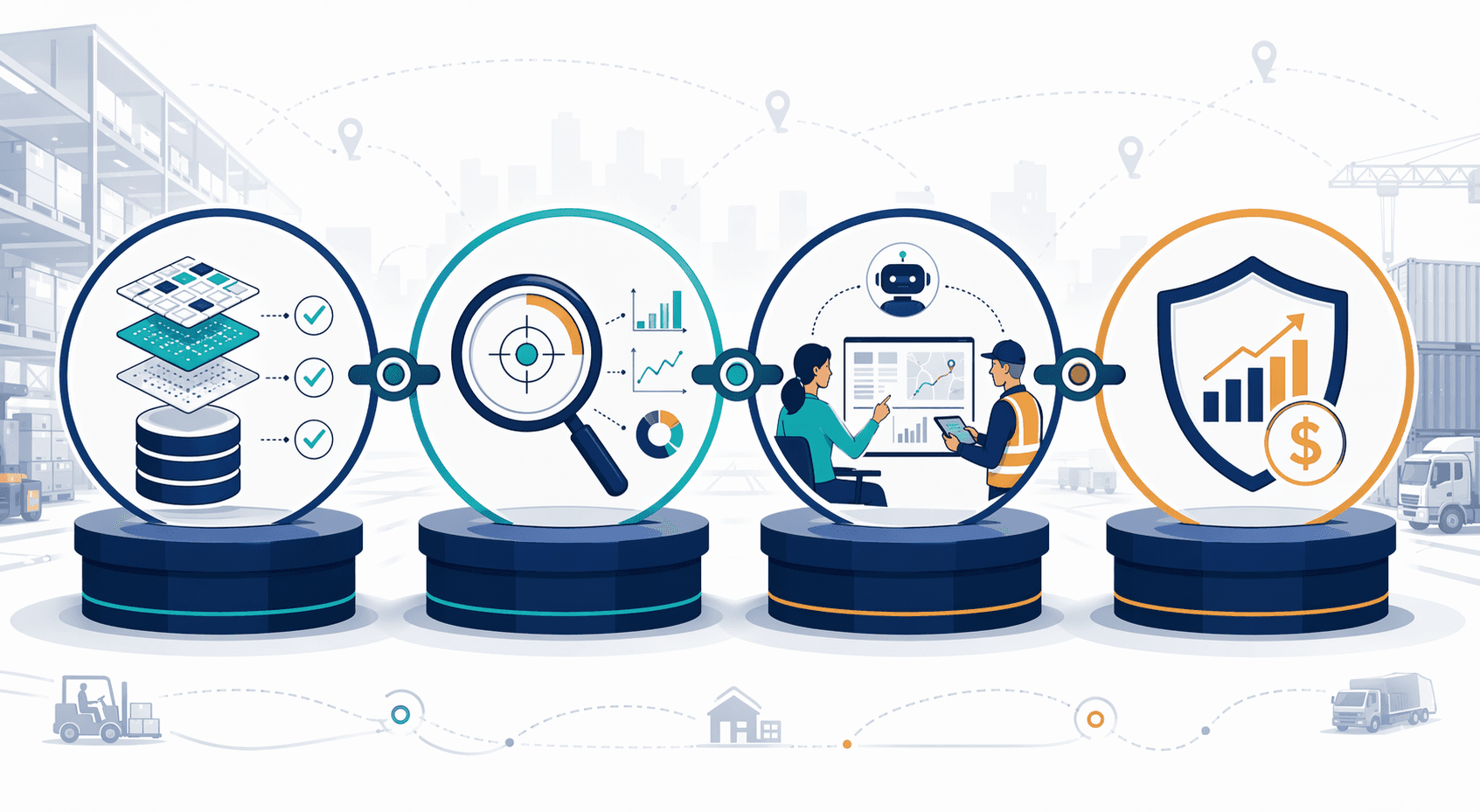 Framework diagram with pillars for logistics AI strategy including data readiness, bounded use cases, operational co-design, and finance-reviewed ROI definitions