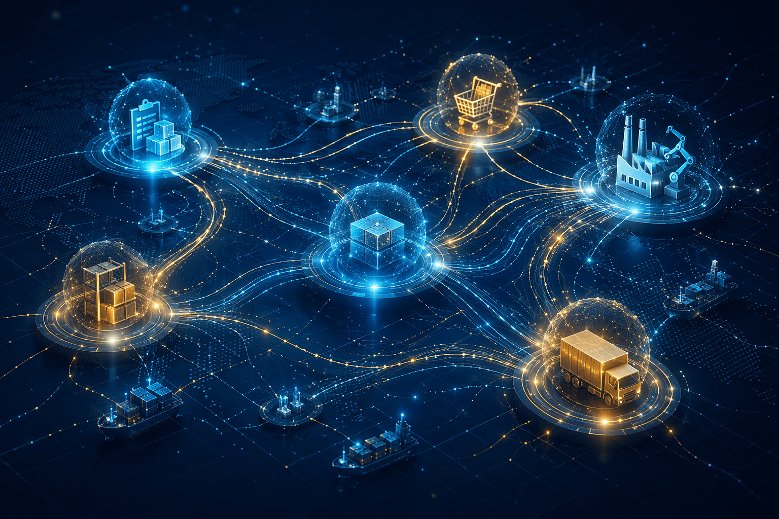 Connected planning, procurement, logistics, and manufacturing nodes representing multi-agent AI orchestration in a supply chain