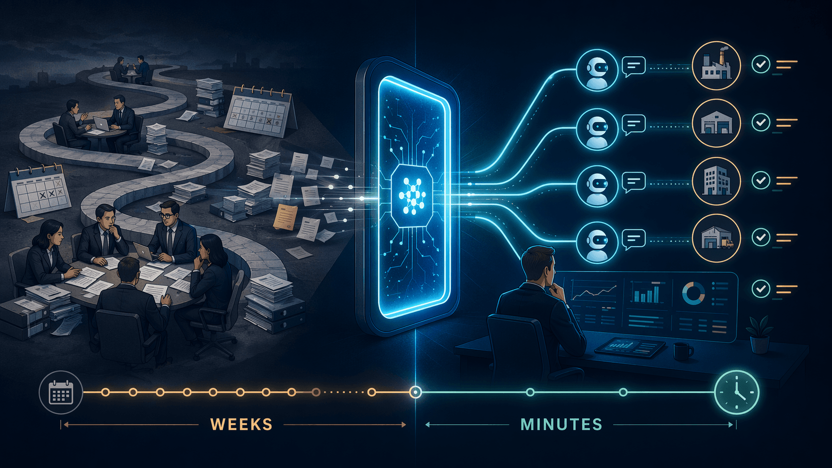 An editorial timeline illustration comparing manual and AI-driven supplier negotiations, with a weeks-long human process on one side and compressed AI agent negotiations on the other.