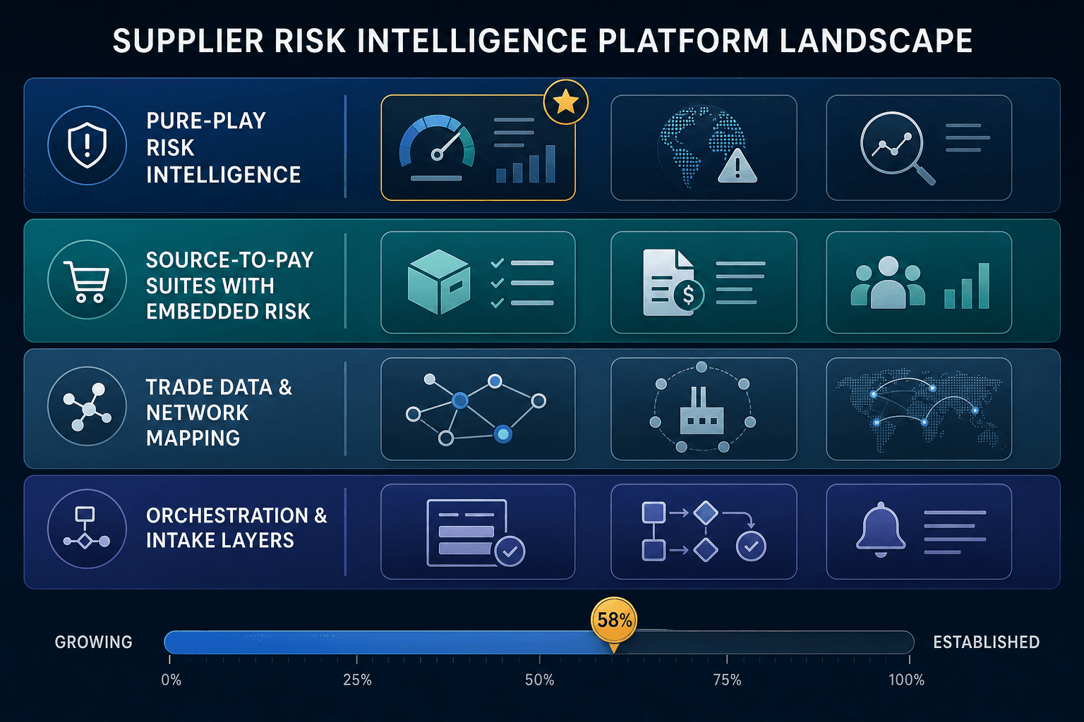 Structured vendor landscape map organized into four horizontal swim lanes: Pure-Play Risk Intelligence, Source-to-Pay Suites with Embedded Risk, Trade Data and Network Mapping, and Orchestration and Intake Layers, with a maturity progress bar at the bottom.