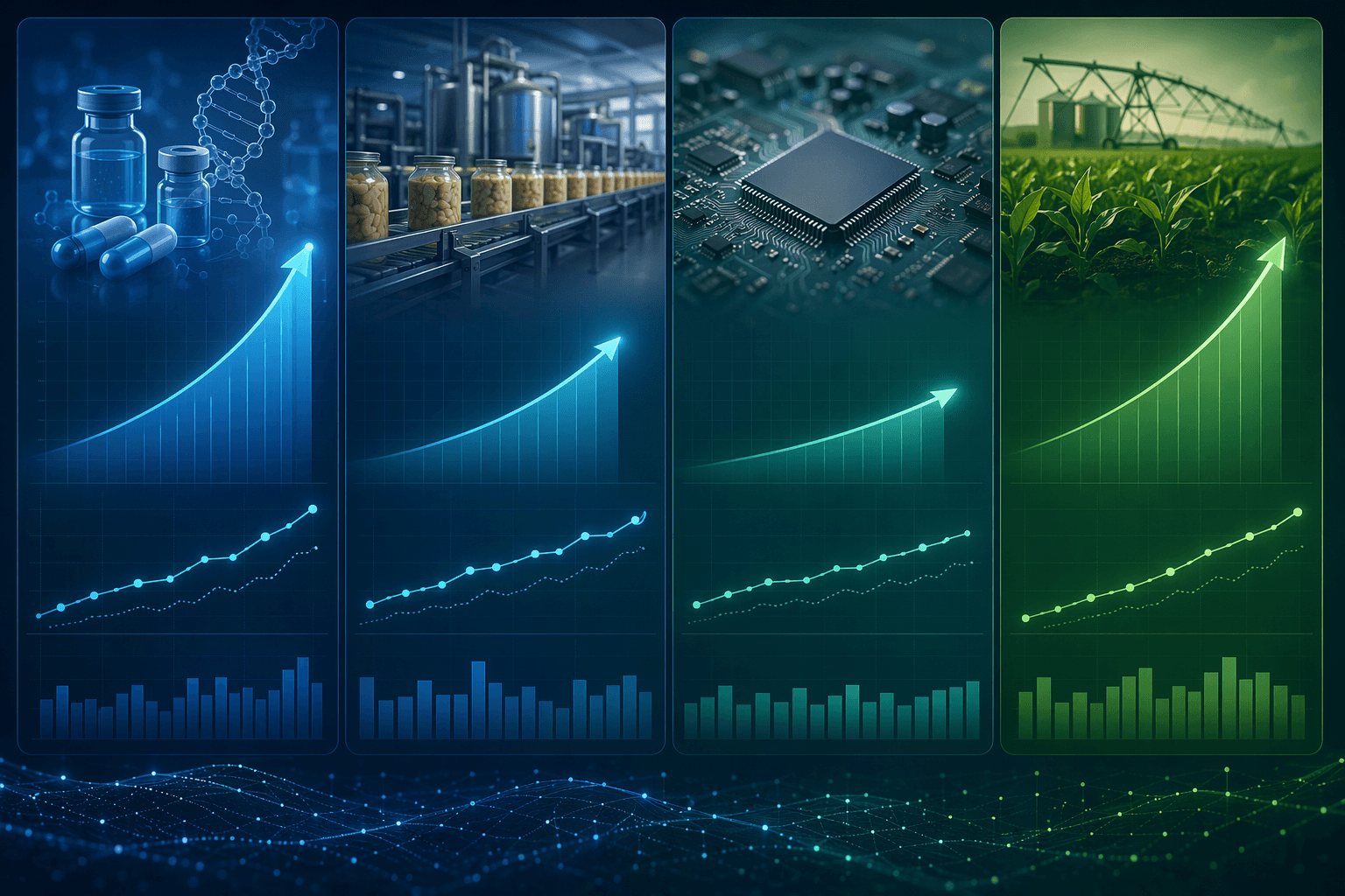 Four industry columns showing different forecast accuracy and ROI outcomes across enterprise deployments