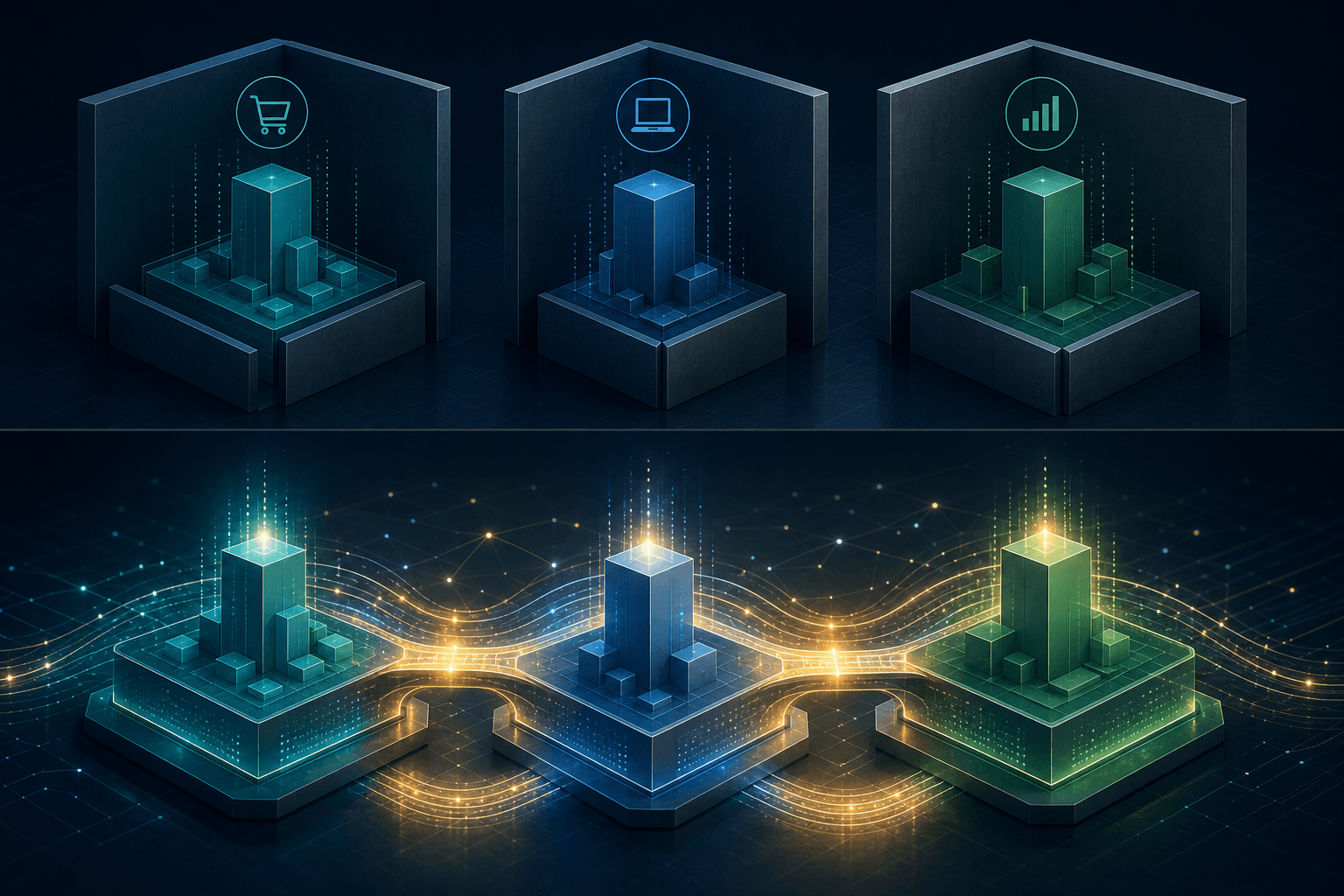 Geometric editorial illustration with three dark navy columns representing siloed departments, initially separated by solid opaque walls, with glowing teal and amber connection lines and bridges forming between the columns.