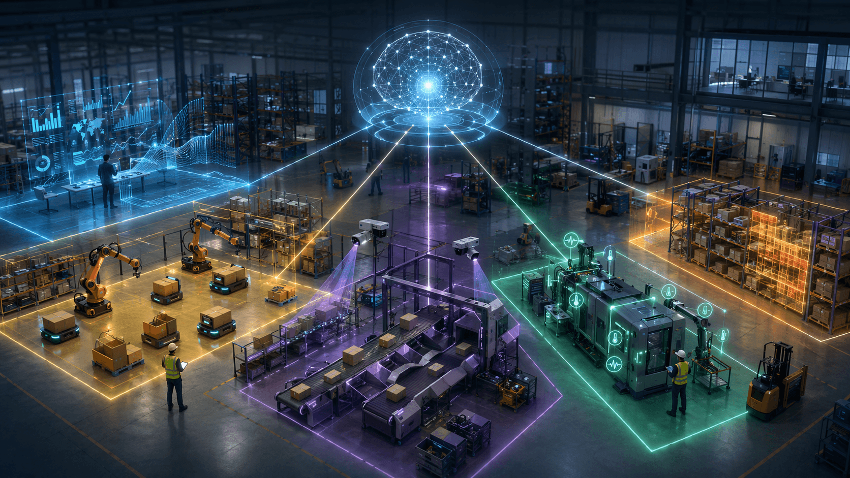 Modern warehouse divided into glowing zones for forecasting, picking, sorting, maintenance, AMRs, and slotting connected to an evaluation framework