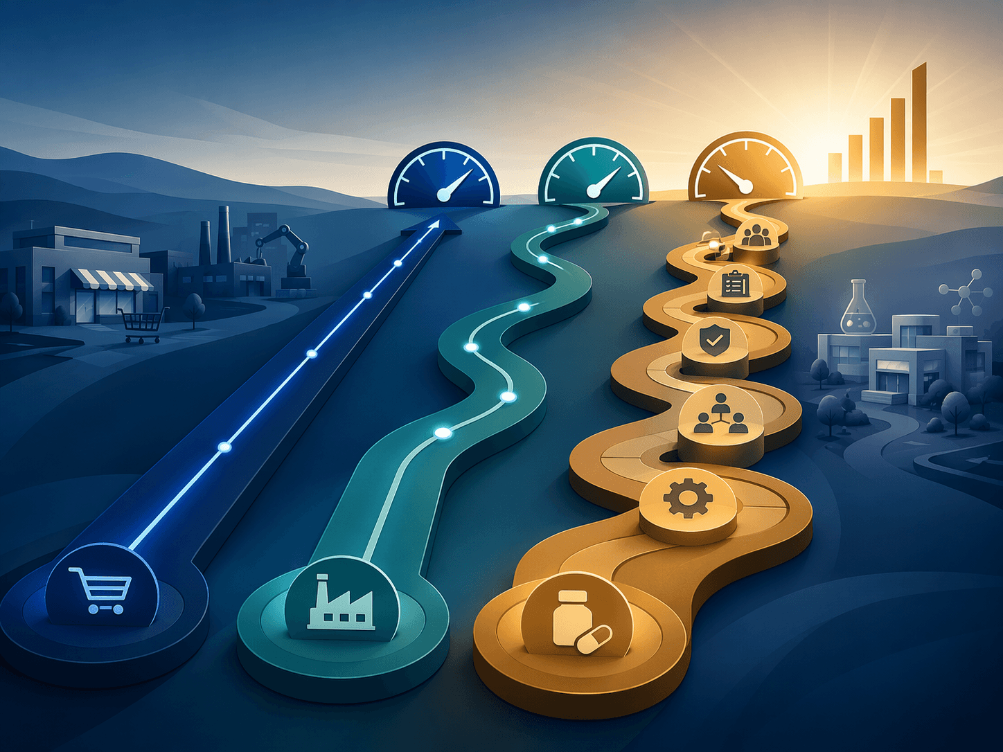 Illustration of diverging AI inventory management payback timelines for high data maturity, manufacturing, and complex regulated environments