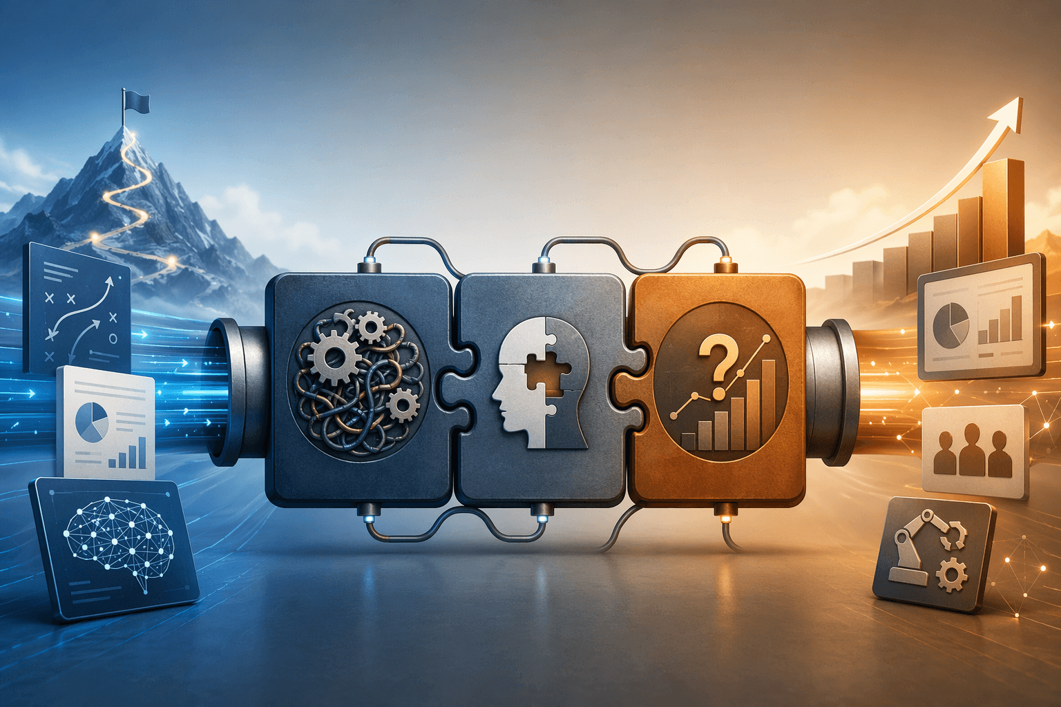 Integration complexity, lack of expertise, and unclear ROI shown as bottleneck blocks in a logistics AI value pipeline