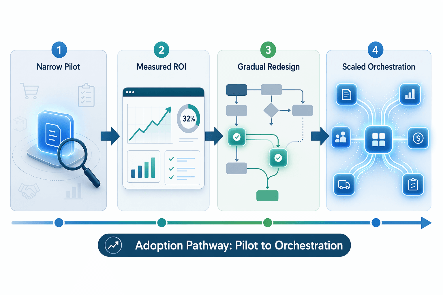 Horizontal four-step adoption pathway illustration: Step 1 'Narrow Pilot' with a glowing module and magnifying glass; Step 2 'Measured ROI' with a small dashboard and upward arrow; Step 3 'Gradual Redesign' with connected workflow nodes; Step 4 'Scaled Orchestration' with multiple coordinated glowing agent modules connected by flowing light lines.