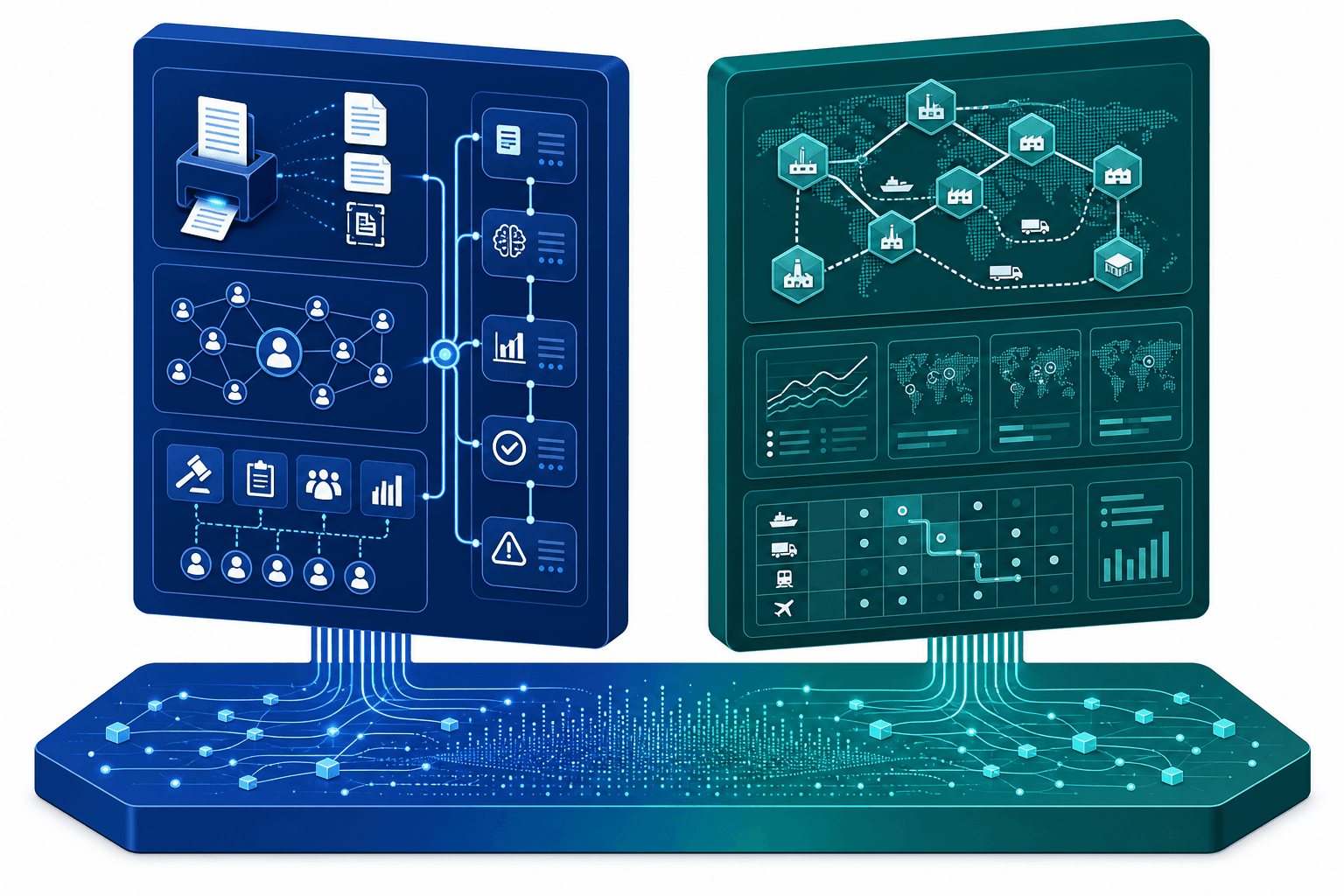 Architecture diagram showing two parallel pillars — procurement AI on the left and supply chain design on the right — converging into a shared data foundation layer.