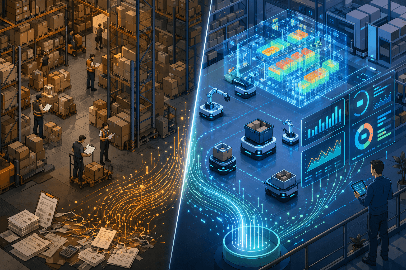 Split-composition isometric vector illustration showing a warehouse transformation from manual operations to AI-powered operations.