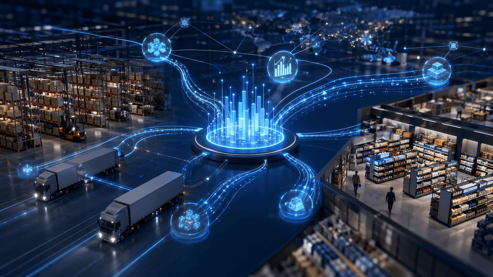Glowing blue data signals moving from an analytics hub into a connected retail supply chain network.