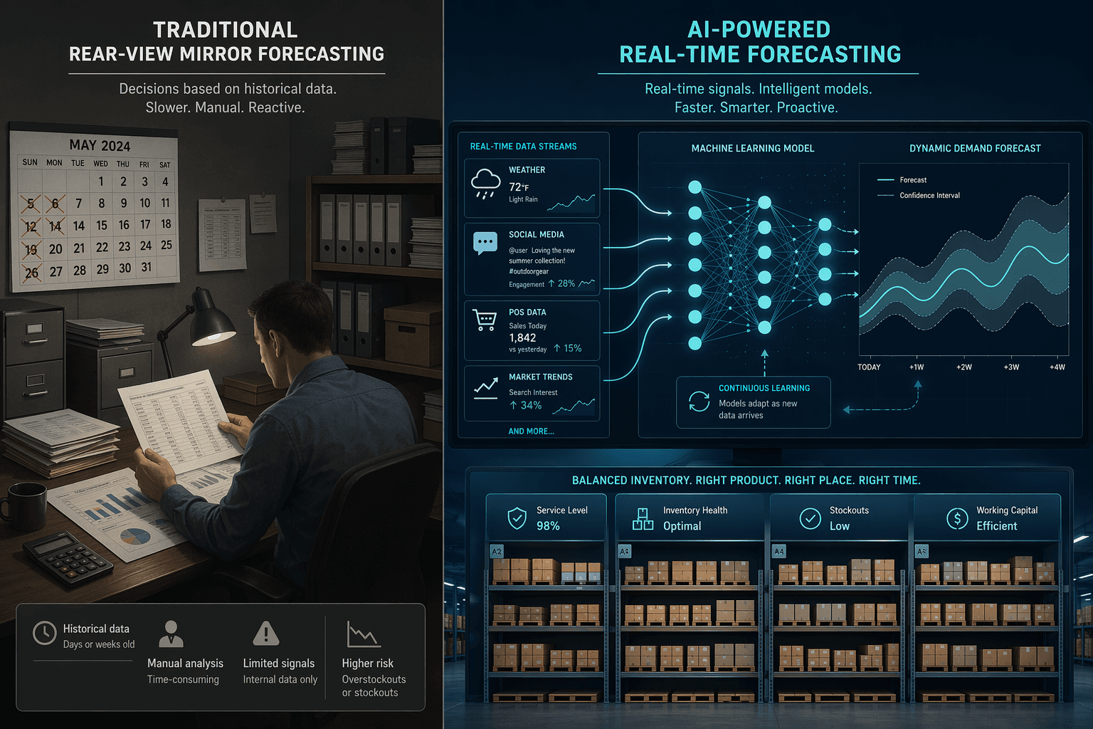 Split-comparison illustration: traditional forecasting on the left with paper spreadsheets and a wall calendar, AI-powered forecasting on the right with a real-time data dashboard, neural network diagram, and balanced warehouse shelves.