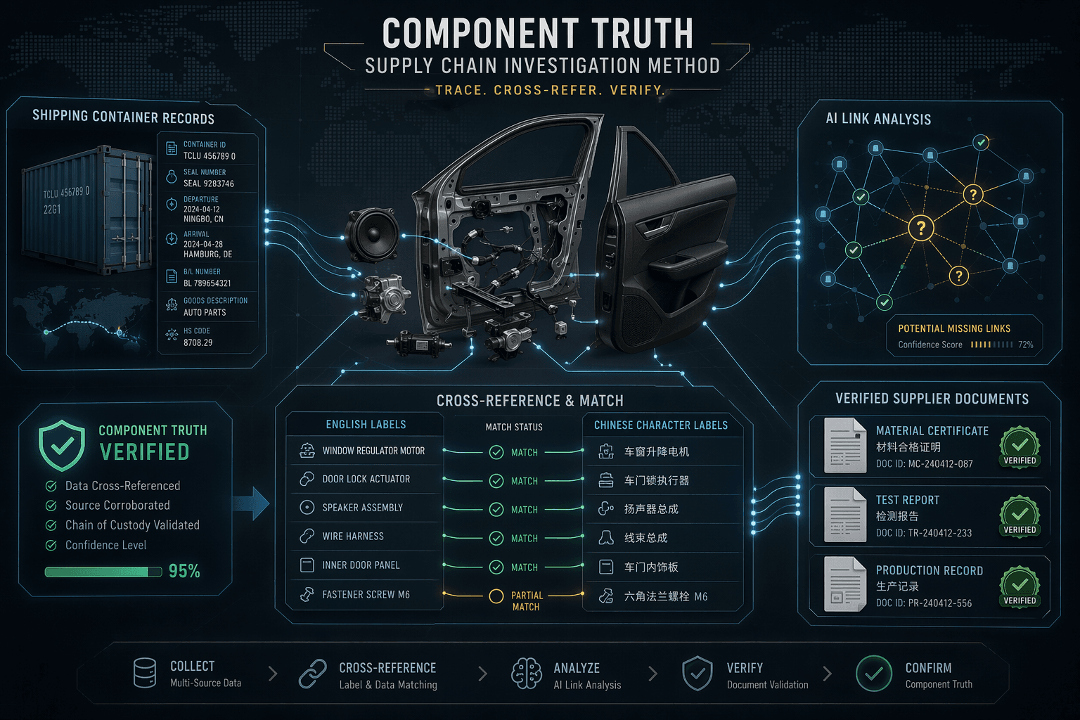Disassembled automotive door panel linked to shipment records, AI-suggested connections, and supplier documents with English and Chinese name matching