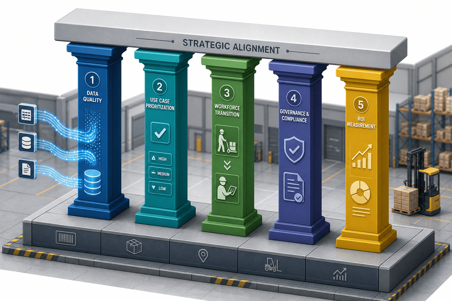 Isometric vector illustration of a five-pillar strategic framework for AI in warehouse management.