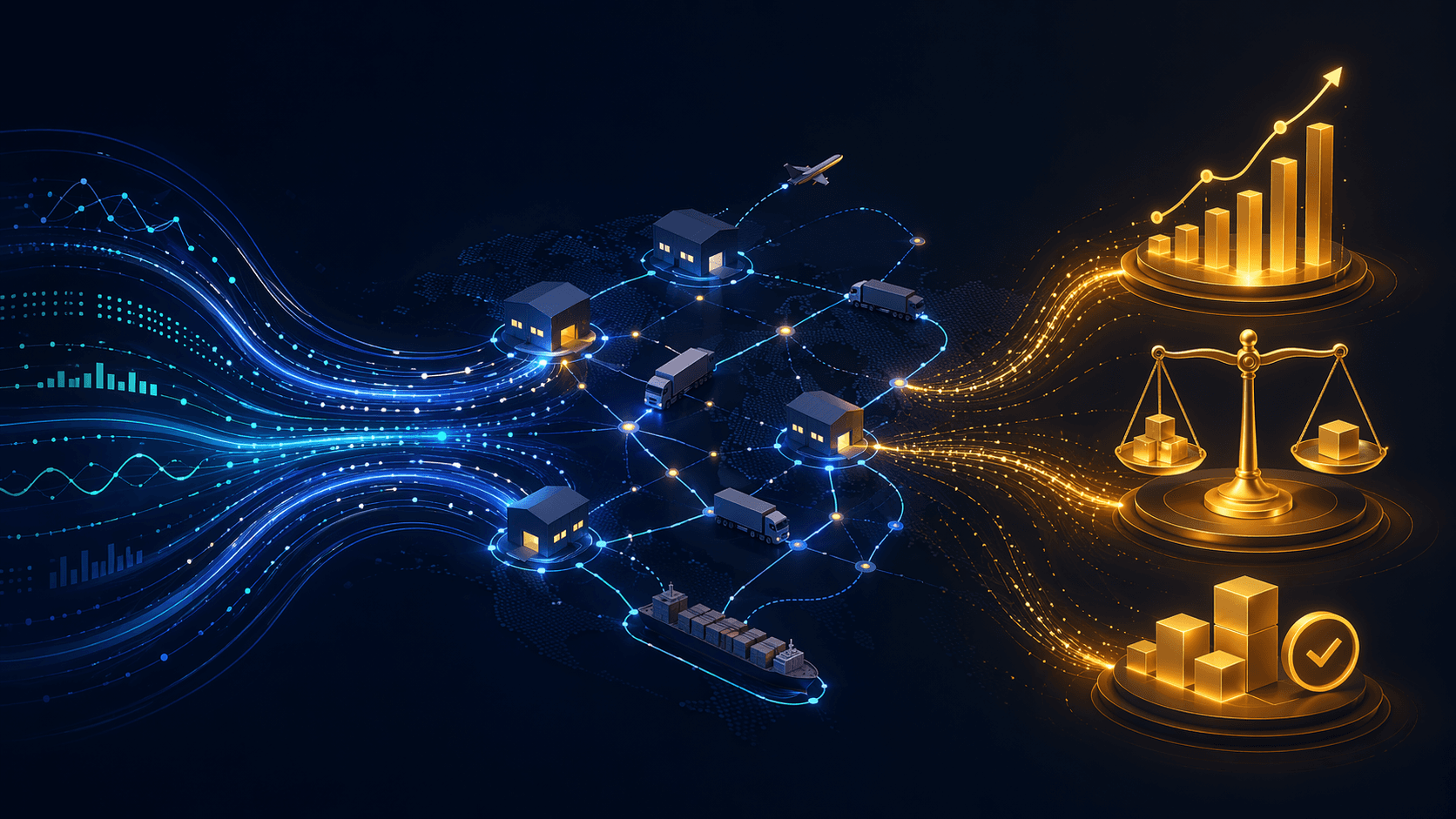 Data streams flowing into a supply chain network with measurable outcomes emerging