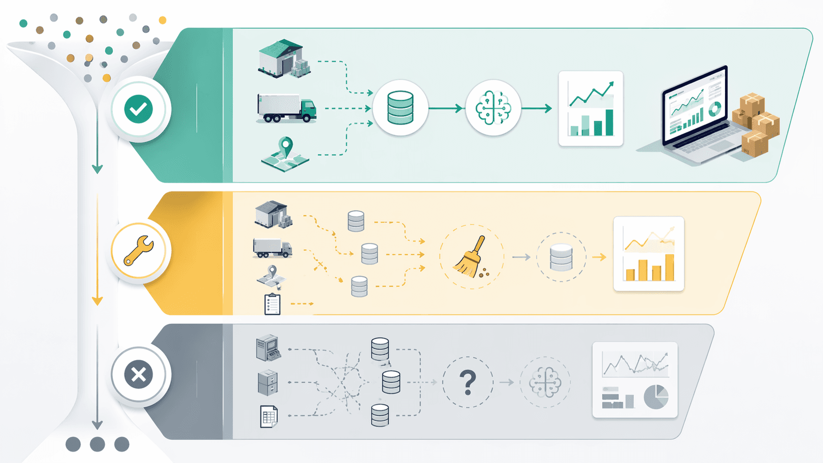 Decision funnel sorting logistics AI opportunities into fund now, fix data first, and not ready for pilot