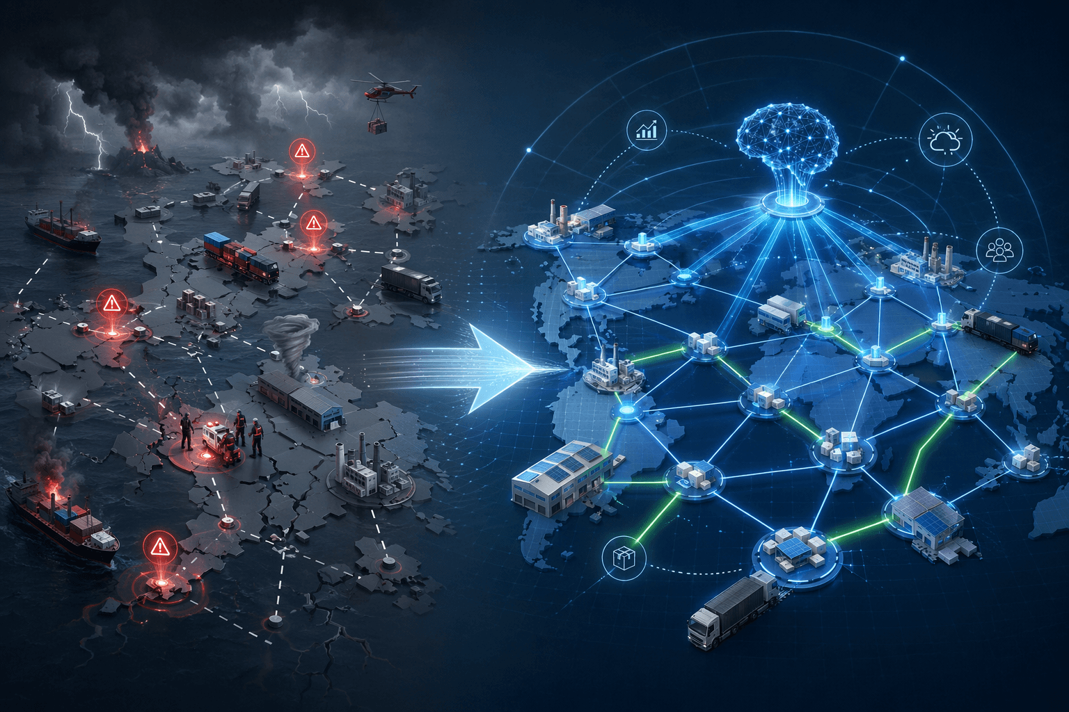 A supply chain network shifting from reactive disruption signals to proactive AI monitoring
